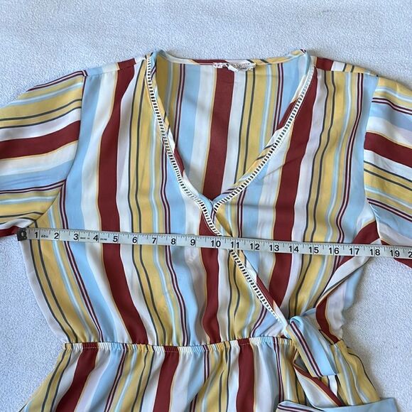 Pink Rose Retro 70s Vibe Faux Wrap Striped Peplum Blouse (Size: Large) - Picture 11 of 12